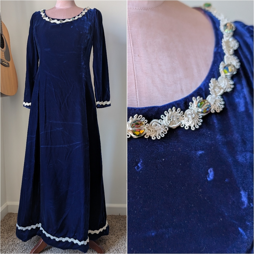 Vintage Rich Blue Velvet Maxi Dress Long Sleeves AB Crystals No Tags